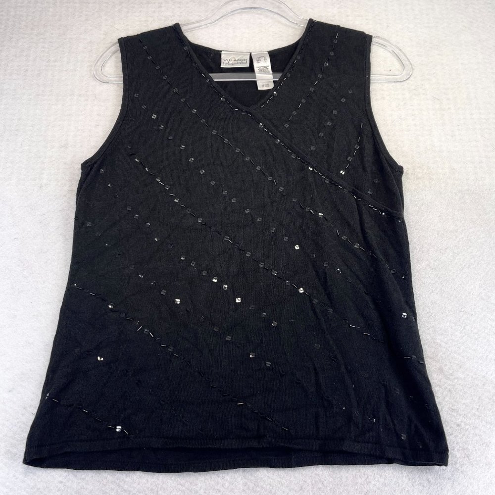 Vintage VILLAGER LIZ CLAIBORNE XL Petite Black V-Neck Sequin Sleeveless Top